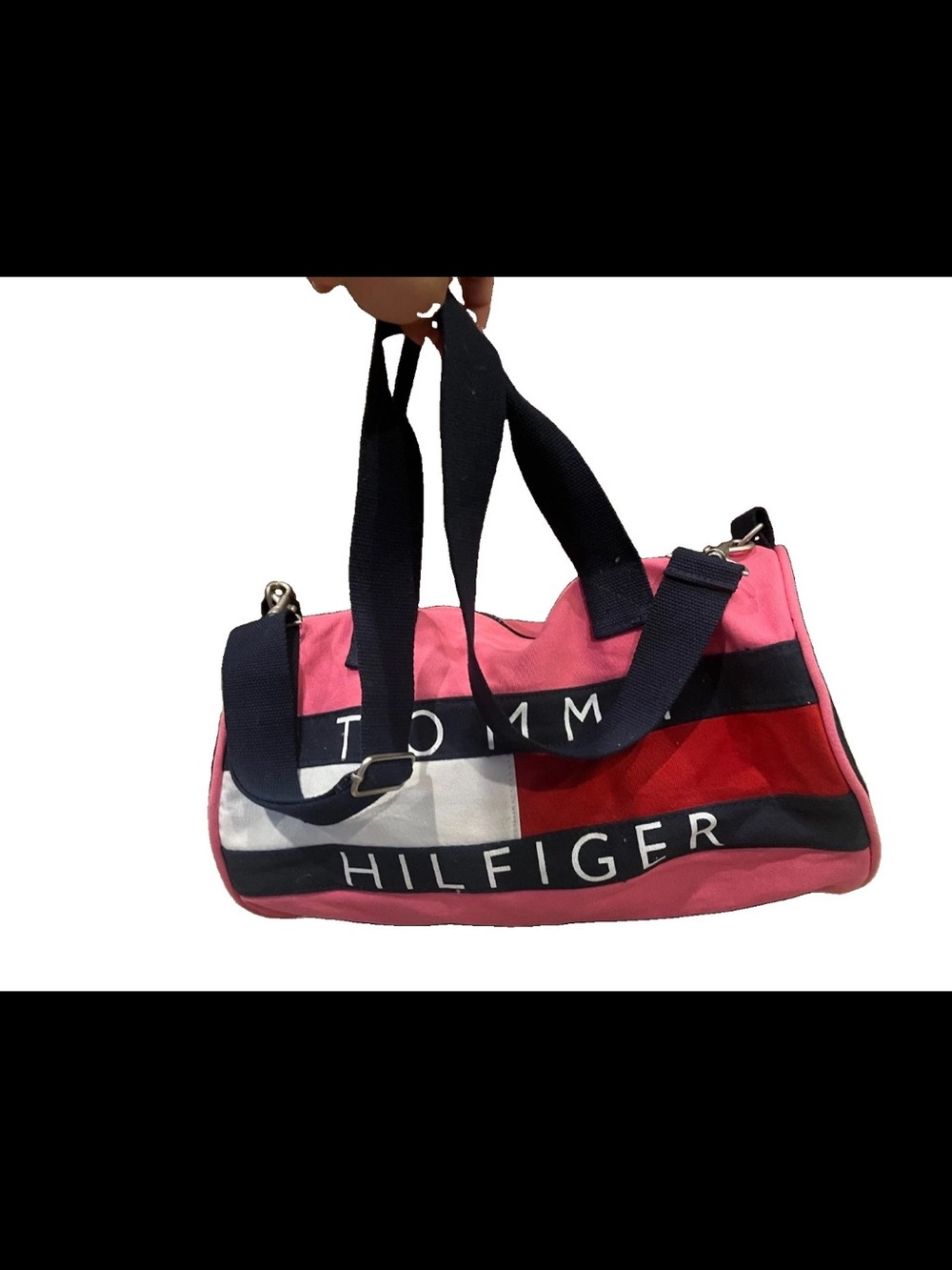 Vintage 90s Tommy Hilfiger Canvas Mini Duffle Bag Pink Navy White Logo